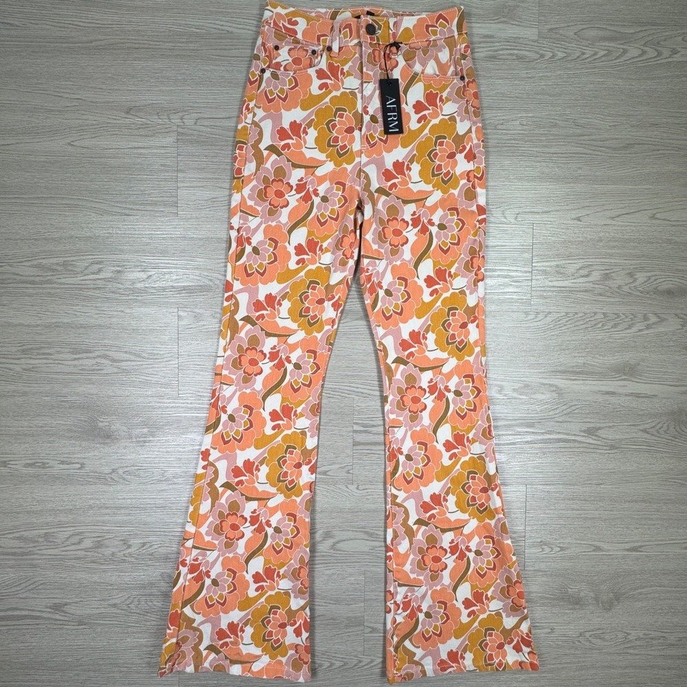 AFRM Women's Pants Sylar High Rise Flare Retro Floral Orange Pink NWT 26